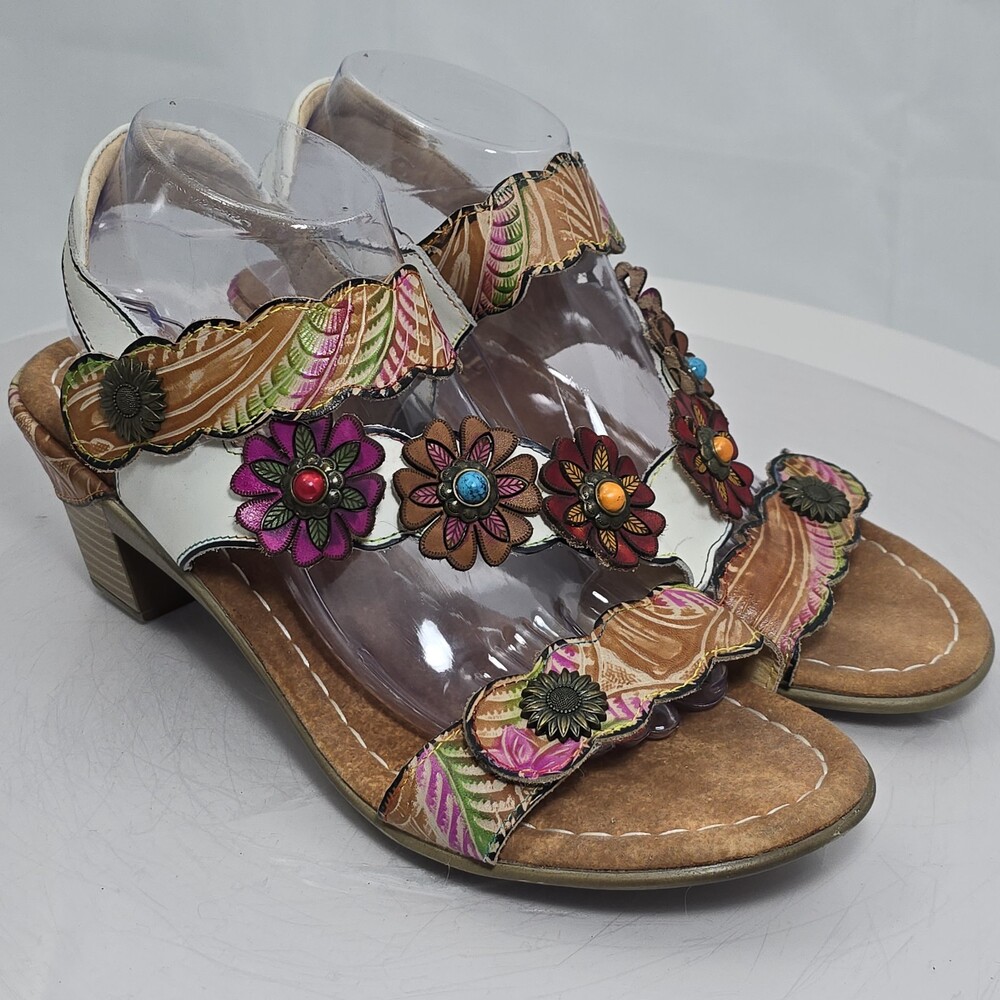 L'Artiste By Spring Step Samore Floral Leather Heeled Sandal 42/ US 10.5-11